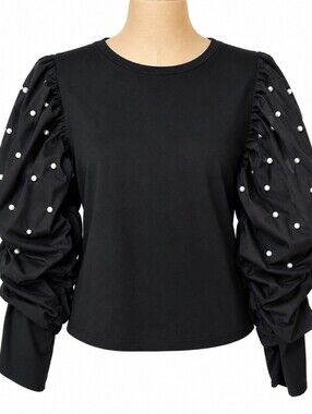 ZARA Black Top with Puff Sleeves & Pearl Details Size M